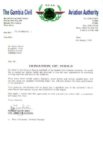 6th January 1999, On behalf of the Director General and Staff of the Gambia Clvil Aviation Authority