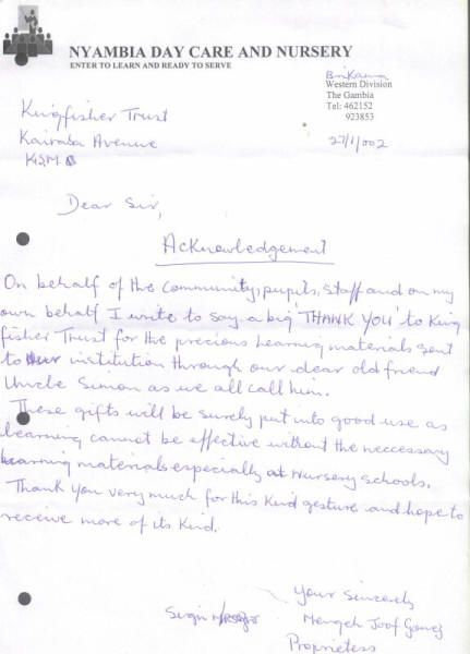 Nyambia Day Care and Nursery, hand written acknowledgement