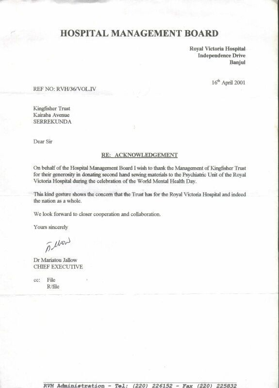 Royal Victoria Hospital RE: ACKNOWLEDGEMENT